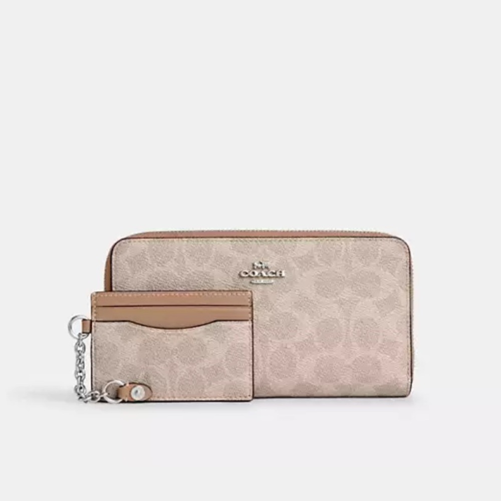 COACH Sand Signature Logo Canvas Zip Around Wallet With Detachable Card Case NWT